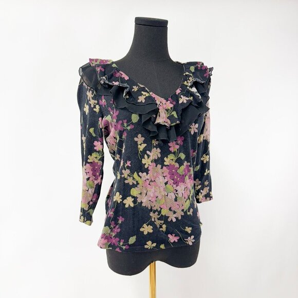 RALPH LAUREN RUFFLE TOP BLACK AND FLROAL PRINT - Picture 2 of 6